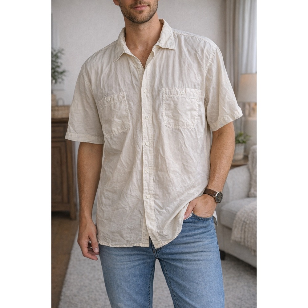 Bogari Mens XL Silk Short Sleeve Button‎ Down Shirt Cream Off-White Two Pocket
